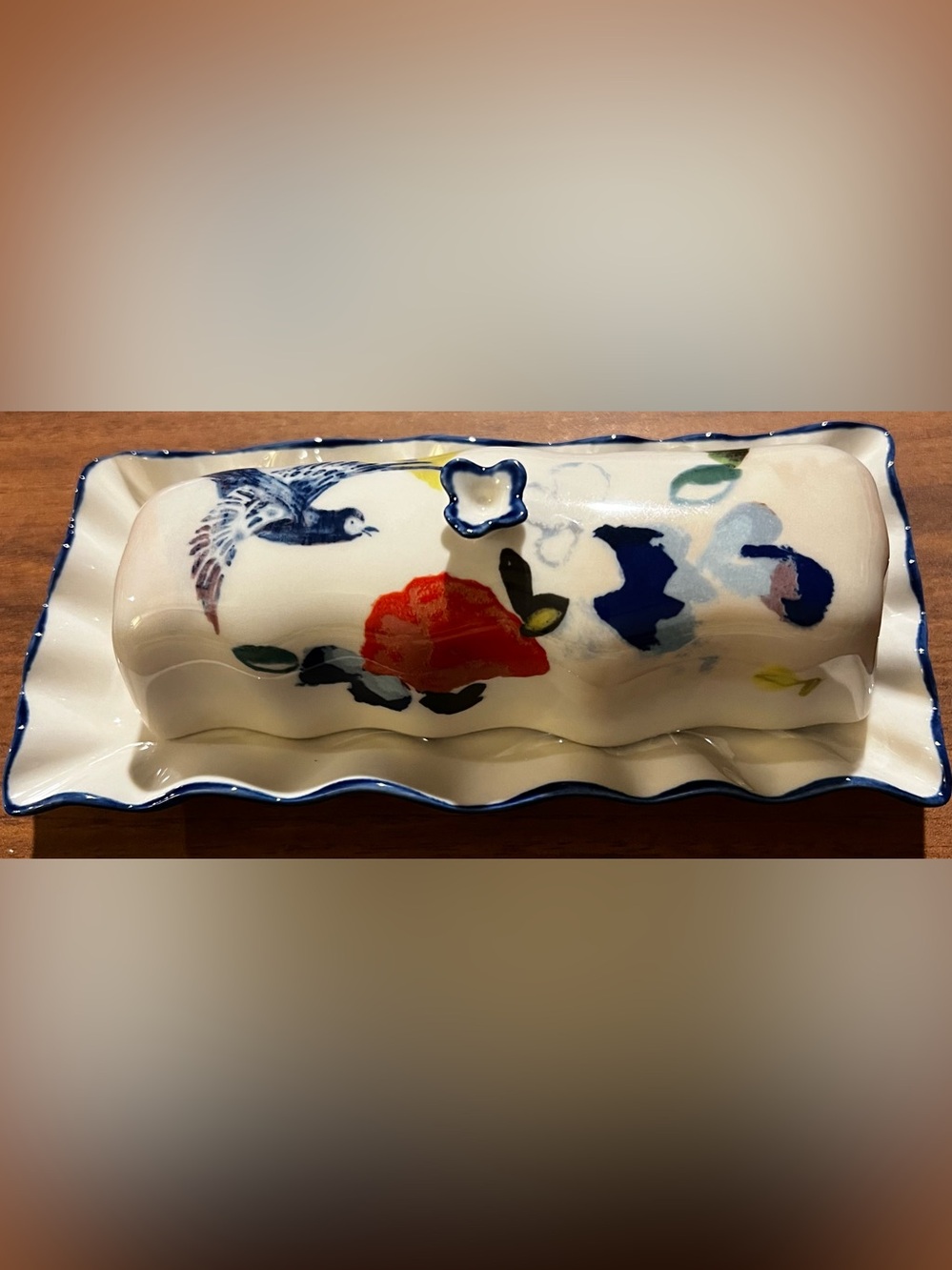 Luna Bakeware Butter Dish By Anthropologie Floral Hummingbird Hand-painted